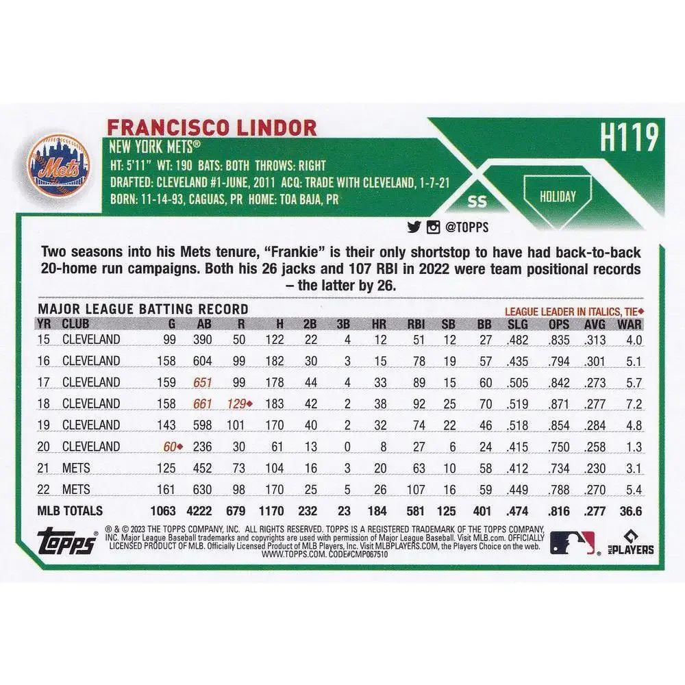 2023 Topps Holiday Francisco Lindor H119 New York Mets